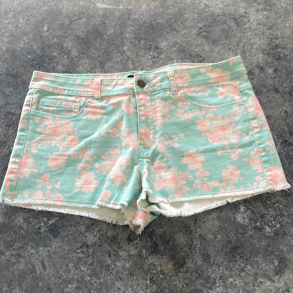 Forever 21 high rise orange and aqua floral print denim shorts - size 30